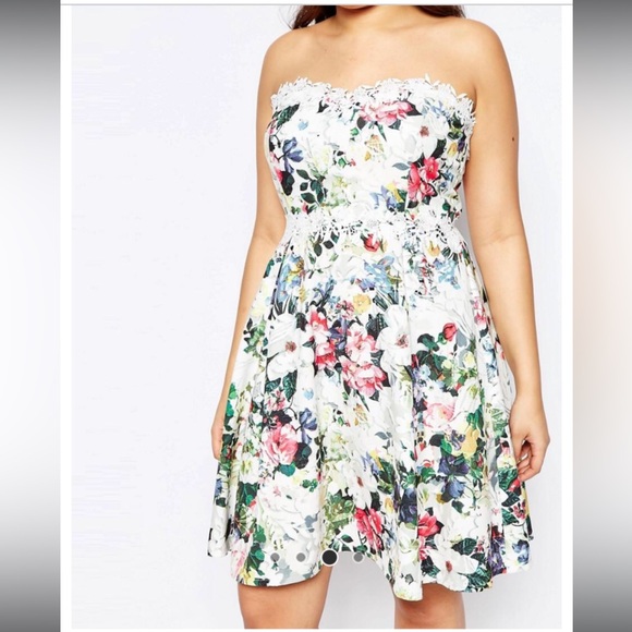 US 18 ASOS Curve (Paper dolls) Strapless Lace Trim Floral Dress - Picture 5 of 13